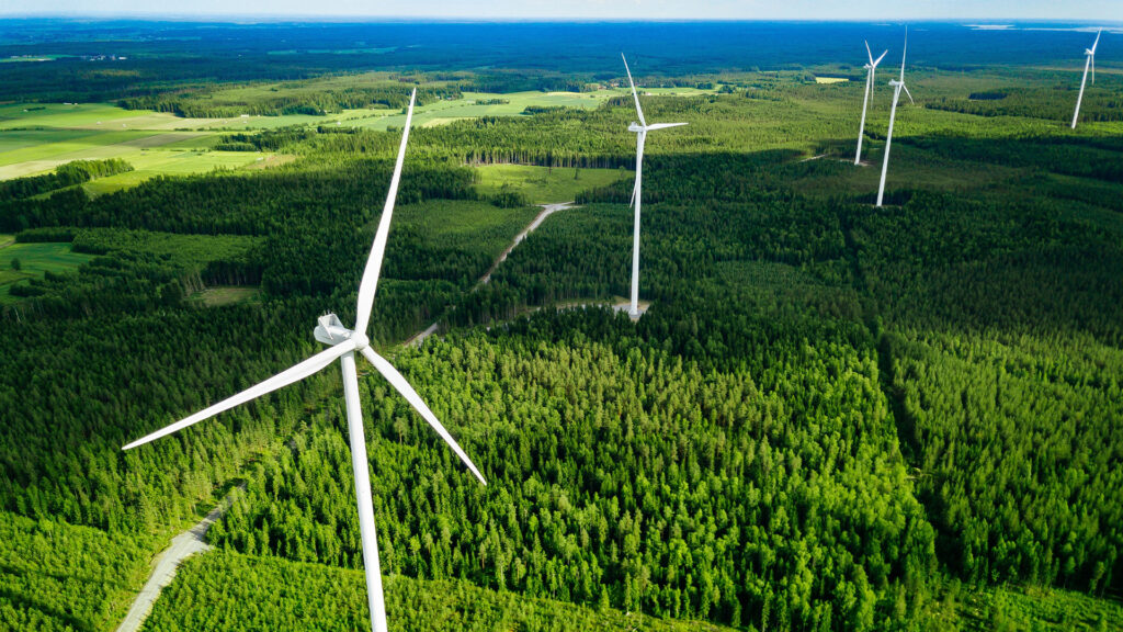 Tuuliturbiinit kuvattuna metsässä. Kuvaa kulutusjoustoa